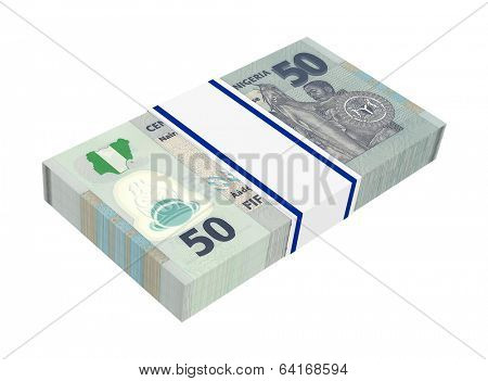 Nigerian nairas isolated on white background. Computer generated 3D photo rendering.