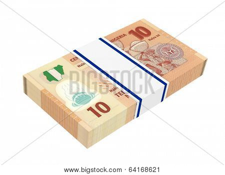 Nigerian nairas isolated on white background. Computer generated 3D photo rendering.
