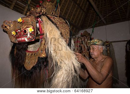 BALI - APRIL 13, 2014: An unidentified master puppeteer prepares the Barong creature to start in a 'Barong' performance in a temple in Bali, Indonesia. The  Barong depicts benevolence overcoming evil.