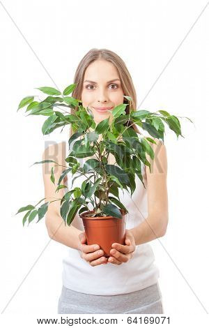 young woman holding a houseplant, isolated on white background