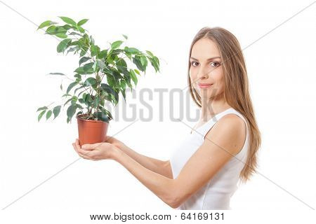 young woman holding a houseplant, isolated on white background