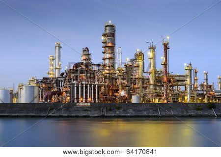 Oil refineries line a river in Yokkaichi, Japan. The city has been a center for the chemical industry since the 1930's.