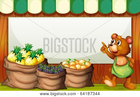 Illustration of an empty template with a bear selling fruits