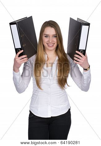 Young Woman Keeps Up Two Files