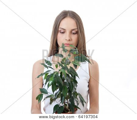 young woman holding a houseplant, isolated on white background