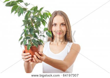 young woman holding a houseplant, isolated on white background