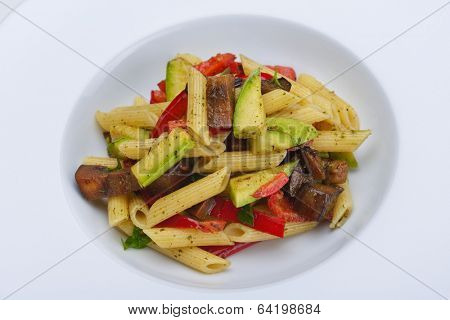 Pasta with shrimps, herbs and mashrooms isolated on white background in studio