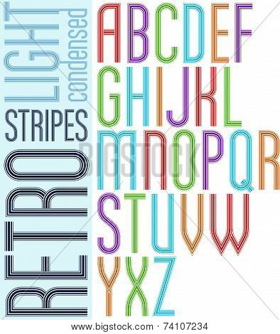 Poster retro striped font, bright condensed geometric uppercase letters on white background.