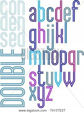 Poster retro double striped font, bright condensed lowercase letters on white background.