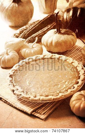 Pumpkin Pie With Autumn Pumpkins And Corn