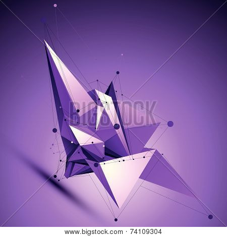 Purple spatial technological shape, polygonal wireframe object placed over shaded background.