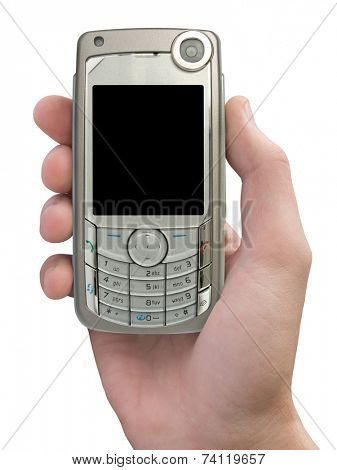 Mobile phone in hand on white background (isolated)