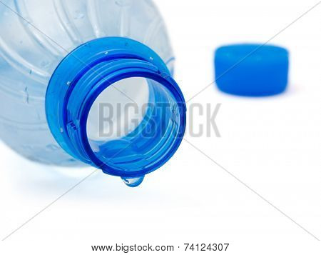 Bottle and water drop, isolated on white background