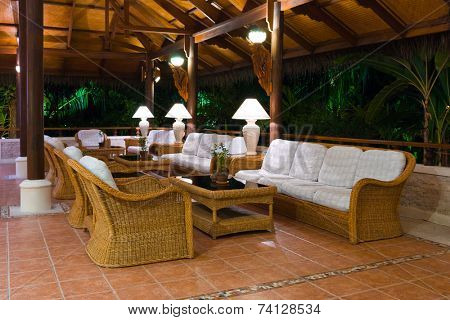 Interior of tropical hotel lobby, travel background