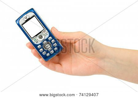 Hand giving mobile phone isolated on white background