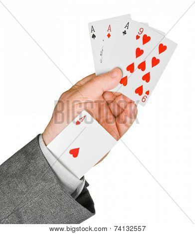 Hand and card in sleeve isolated on white background