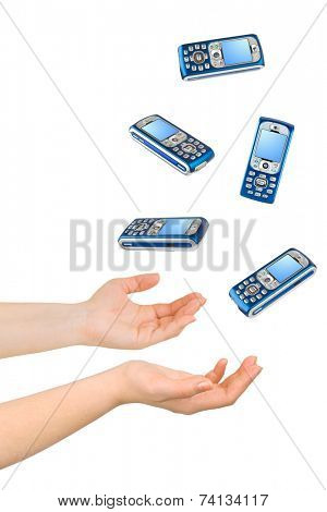 Juggling hands and phones isolated on white background