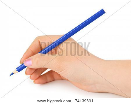 Blue pencil in hand isolated on white background