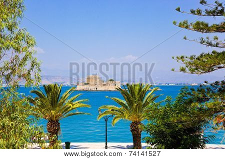 Bourtzi castle island in Nafplion, Greece - architecture background