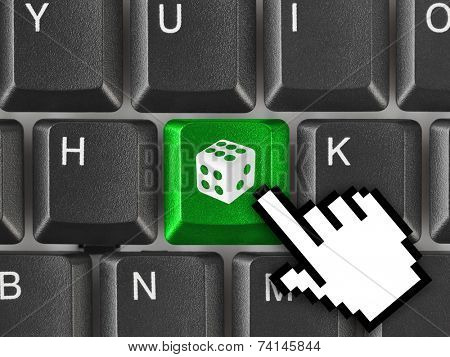 Computer keyboard with dice key - technology background