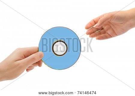 Hands and dvd isolated on white background
