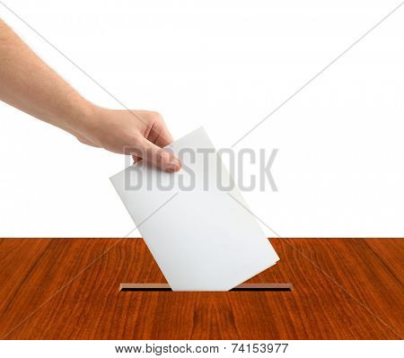 Hand with ballot and box isolated on white background
