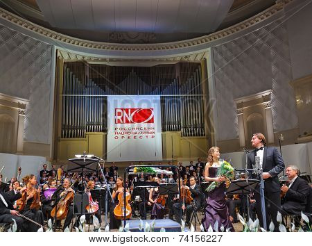 MOSCOW, RUSSIA - NOVEMBER 15: Russian National Orchestra performs at Chaikovsky Hall on November 15, 2011 in Moscow, Russia. Conductor - Mikhail Pletnev.