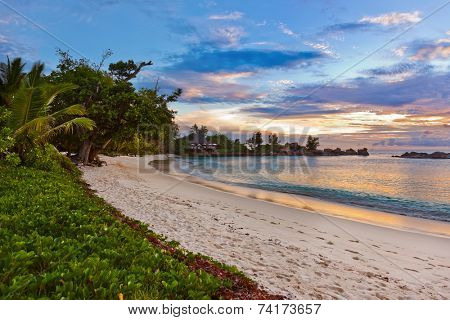 Seychelles tropical beach at sunset - nature background