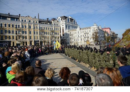 Kiev, Ukraine, October 19, 2014. Friends and relatives accompany the Battalion 