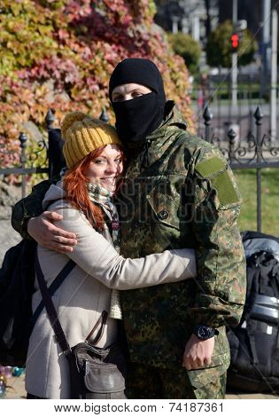 Kiev, Ukraine, October 19, 2014. Friends and relatives accompany the Battalion 