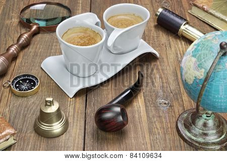 Travel And Adventure Items Collection On Grunge Wooden Table