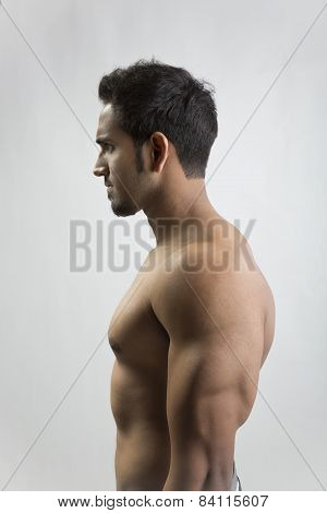 shirtless model side pose
