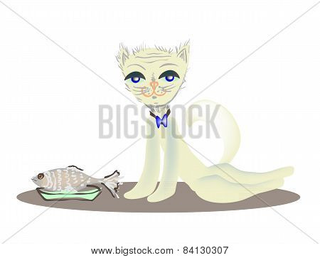 Cat And Small Fish On A Dish.