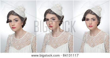 Hairstyle and make up - beautiful young girl art portrait. Cute brunette with white cap and veil