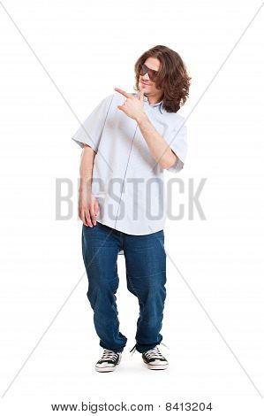 Smiley Mann auf etwas zu zeigen