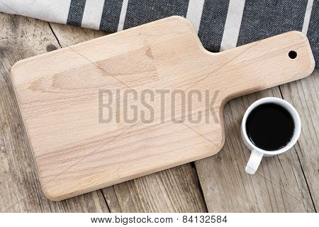 Blank Breakfast Board And Coffee Cup On A Vintage Table