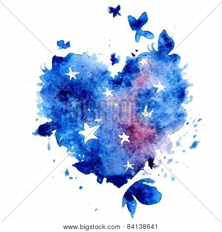 Watercolor hand drawn vector illustration - cosmos heart with stars and butterflies