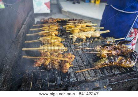 Street Food Grilled Barbeque Fish Pork Chicken Concept