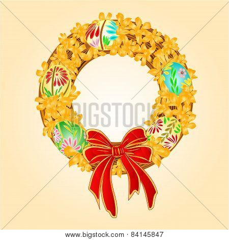 Easter Wreath With Forsythia And Easter Eggs Vector