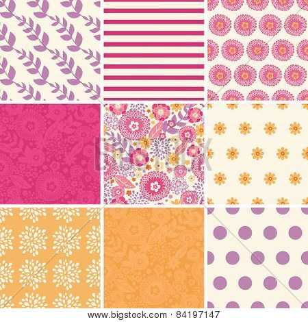 Vector Warm Summer Plants Set of Nine Matching Repeating Patterns Backgrounds