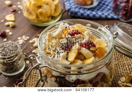 Homemade Yogurt With Granola, Dried Fruit And Nuts Bio