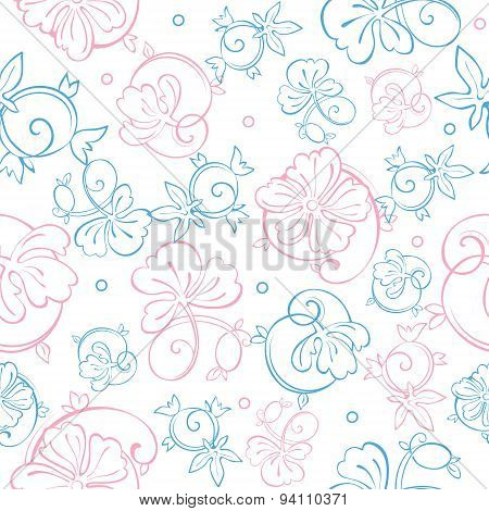 Vector Pink Blue Pastel Floral Swirls Seamless Pattern