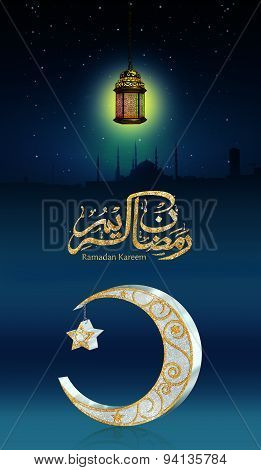 Ramadan decoration with fanoos light, dark mosque silhouette on back round. Ornamental Arabic lantern with burning candle glowing at night. Festive greeting, invitation for Muslim holy month Ramadan Kareem.