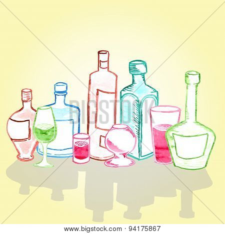 A Bottle, A Glass, A Glass Container For Different Beverages