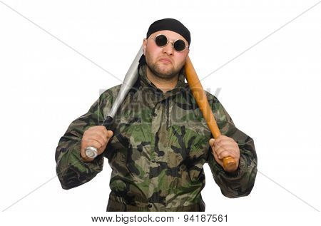 Young man in soldier uniform holding bludgeon isolated on white