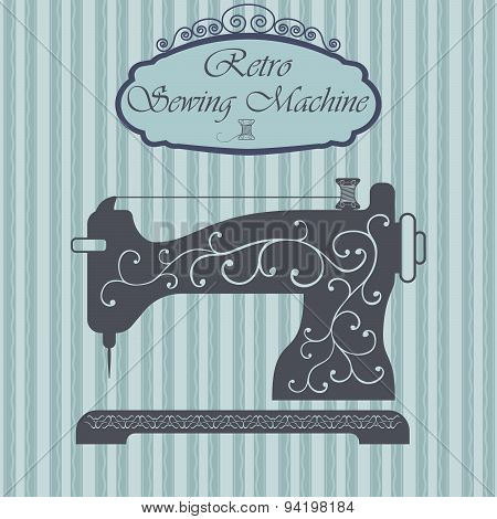 Retro Sewing Machine With Floral Ornament On Hipster Background. Vintage Sign Design. Old Fashiond T