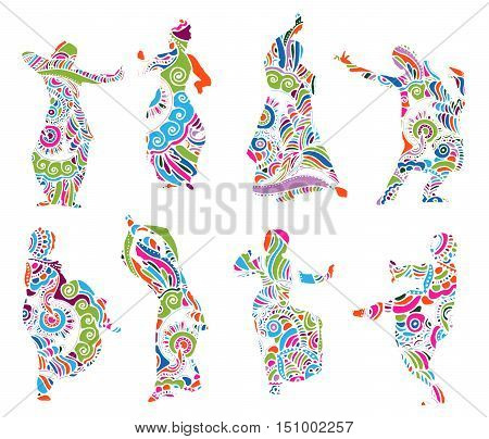 Isolated color silhouettes of indian dancers in mehndi style. Vector stock illustration for design on white background