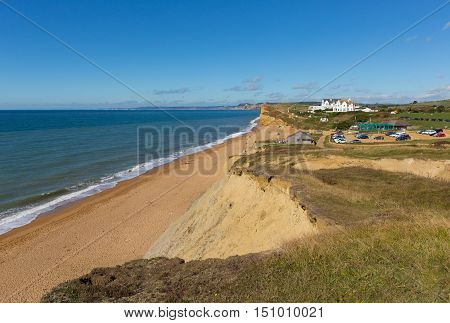 Burton Bradstock Dorset England uk beautiful jurassic coast with blue sky and sea in summer