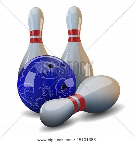 Vector realistic bowling ball and three pins.