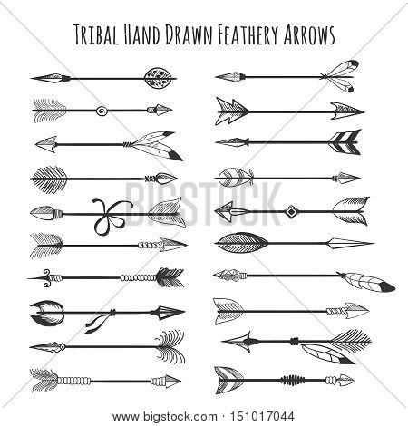 American indian arrow icons. Tribal hand drawn feathery arrows vector illustration